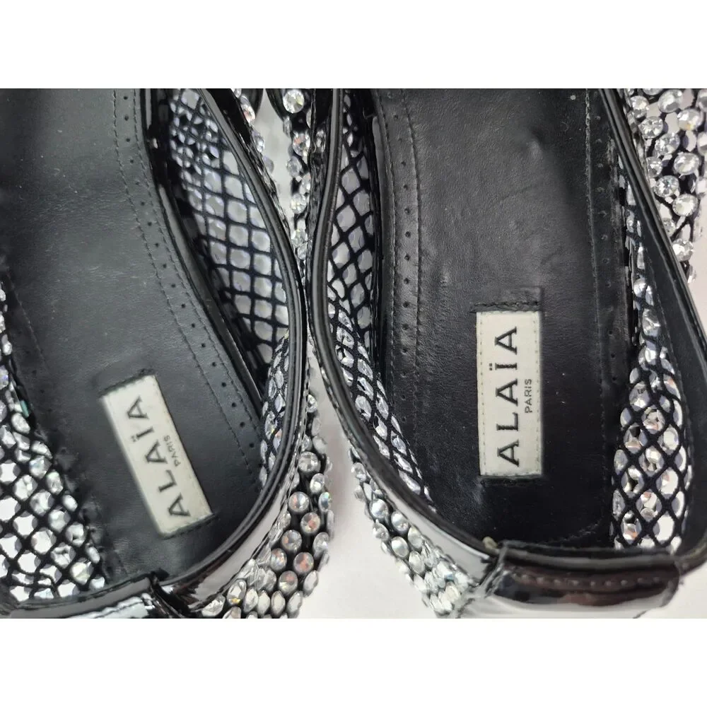 Alaïa Womens Black Crystal Embellished Mesh Patent Ballerina Flats Size 42 Alaia
